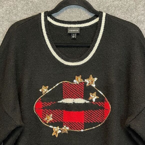 torrid Sweaters - TORRID Sweater Size 2X Black Red Sequin Plaid Lips Crew Neck Pullover Festive